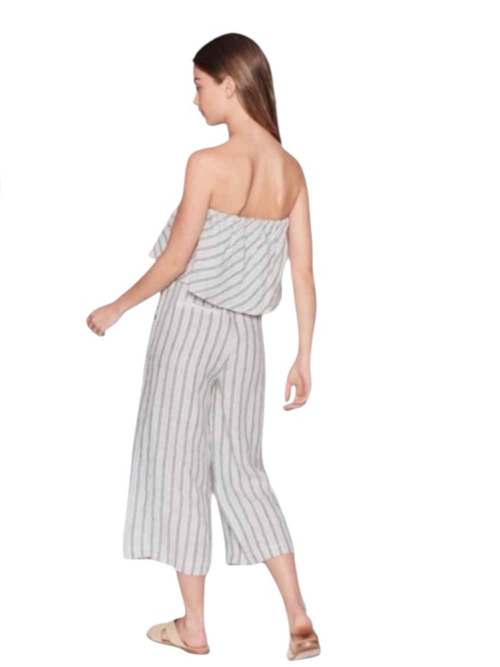 JOIE Brogan Linen Striped Strapless Wide Leg Jumpsuit in Green/Ivory Size Small - Picture 3 of 12